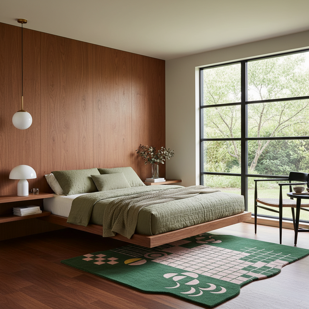 Modern bedroom with wooden bed, green rug,  bedding, and large windows.