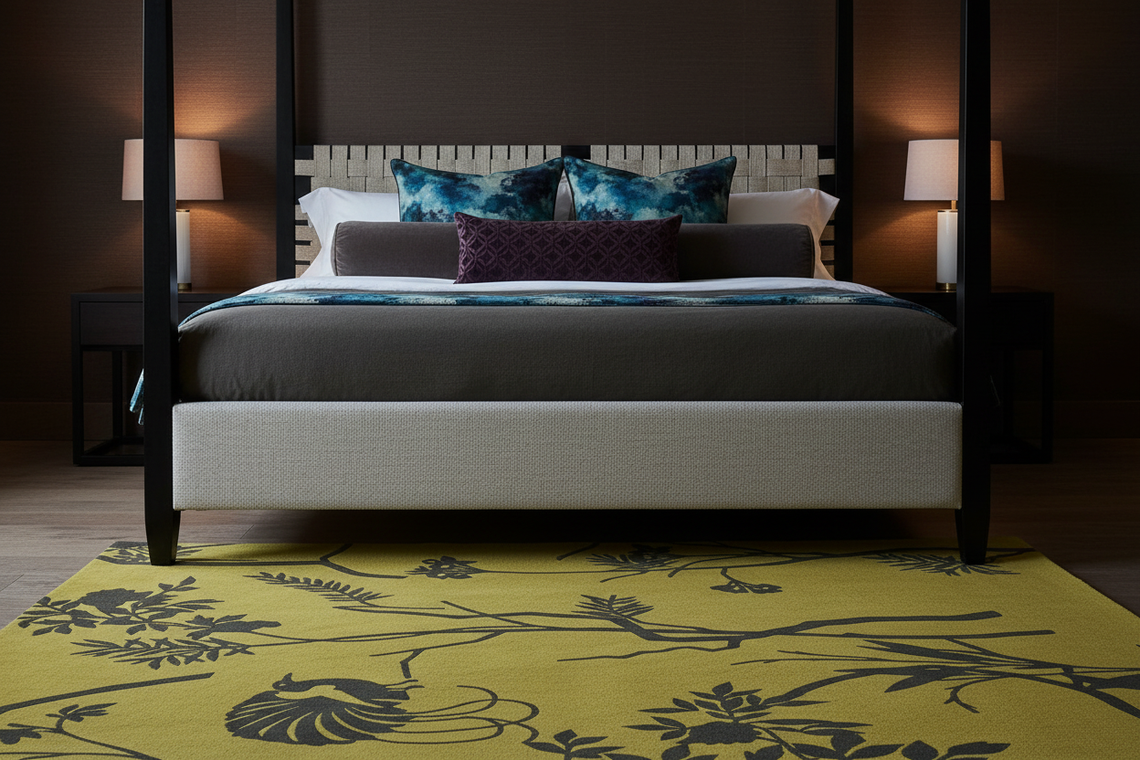 Bedroom with a four-poster bed and decorative pillows on a patterned yellow rug.
