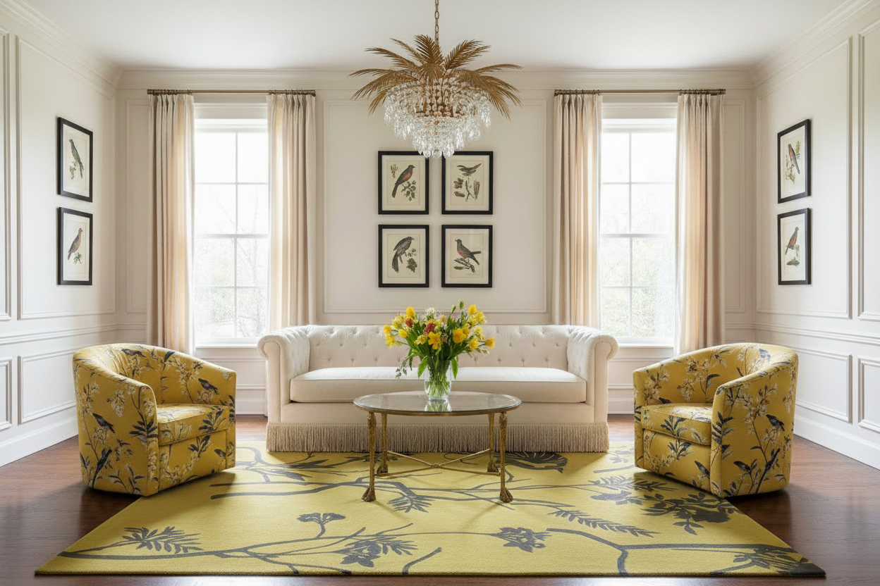 Living room with yellow chairs, chinoiserie floral rug, and white sofa.