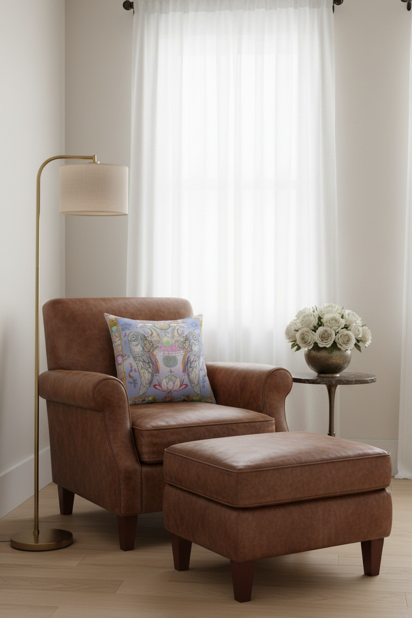 An ornate square throw pillow with a detailed blue, gold, and pink filigree pattern rests on a plush olive green velvet sofa. The sofa is styled in a modern living room setting next to a dark cylindrical side table holding a black vase with bare branches.