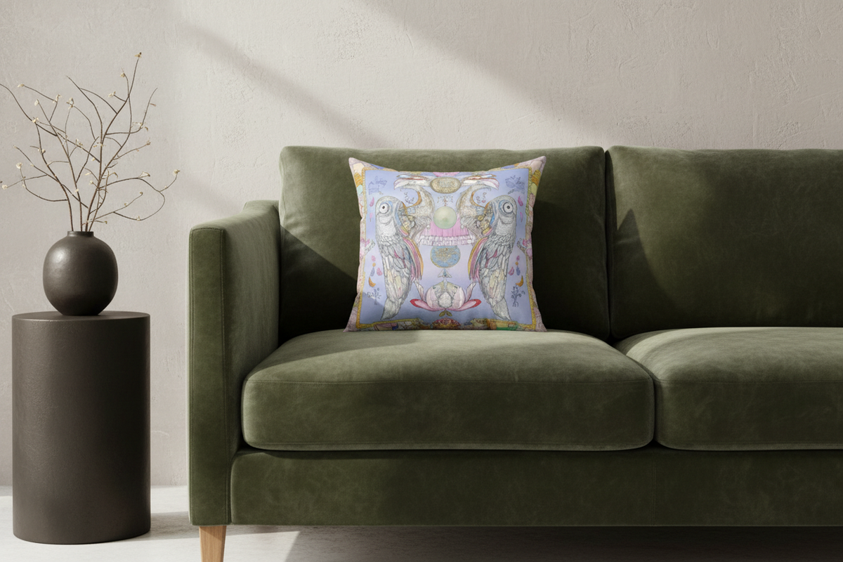 An ornate square throw pillow with a detailed blue, gold, and pink damask-style pattern, resting on a green velvet sofa next to a dark side table with a vase of branches.
