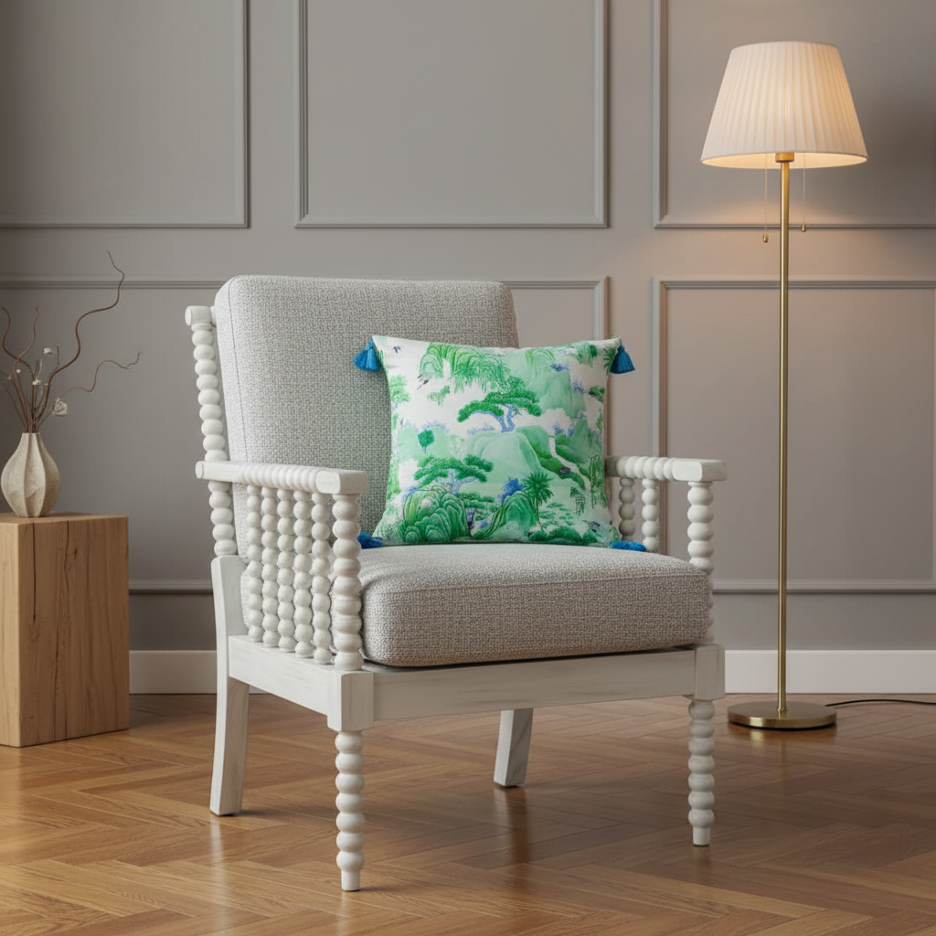 A white spindle-arm accent chair with a light beige textured cushion, styled with a green tropical floral throw pillow. The chair is set in a room with gray paneled walls, a wooden floor, a floor lamp, and a small wooden side table.
