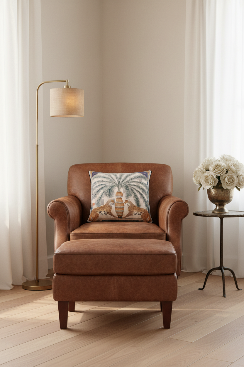 A beige upholstered rattan armchair in a bright room, styled with a square decorative throw pillow featuring a palm tree and two lions. A carved wooden side table with pink flowers and a gold floor lamp sit beside the chair.