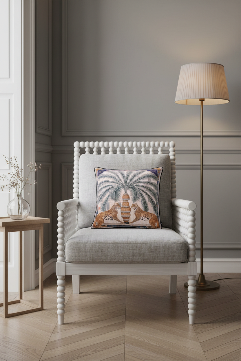 A beige upholstered rattan armchair in a bright room, styled with a square decorative throw pillow featuring a palm tree and two lions. A carved wooden side table with pink flowers and a gold floor lamp sit beside the chair.