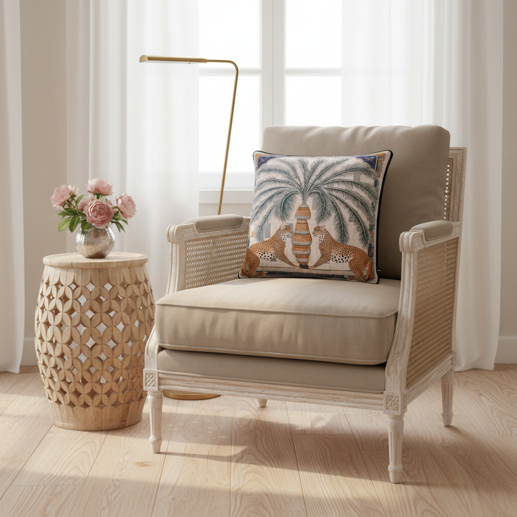 A beige upholstered rattan armchair in a bright room, styled with a square decorative throw pillow featuring a palm tree and two lions. A carved wooden side table with pink flowers and a gold floor lamp sit beside the chair.