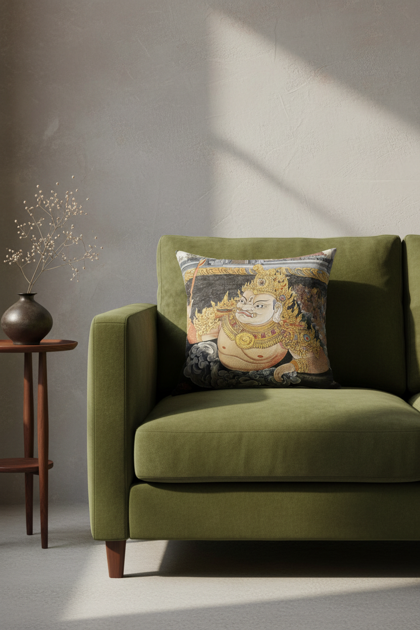 An olive green velvet sofa in a styled room setting, featuring a square throw pillow with a detailed traditional illustration of a golden-skinned deity on the back.
