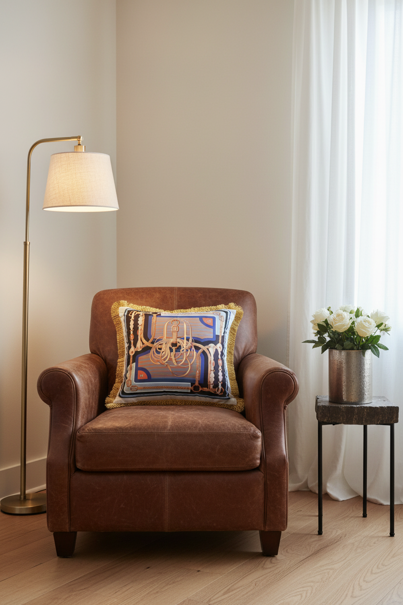 A brown leather armchair in a styled living room setting, featuring a decorative throw pillow with a gold chandelier design, a brass floor lamp, and a small side table with white flowers.