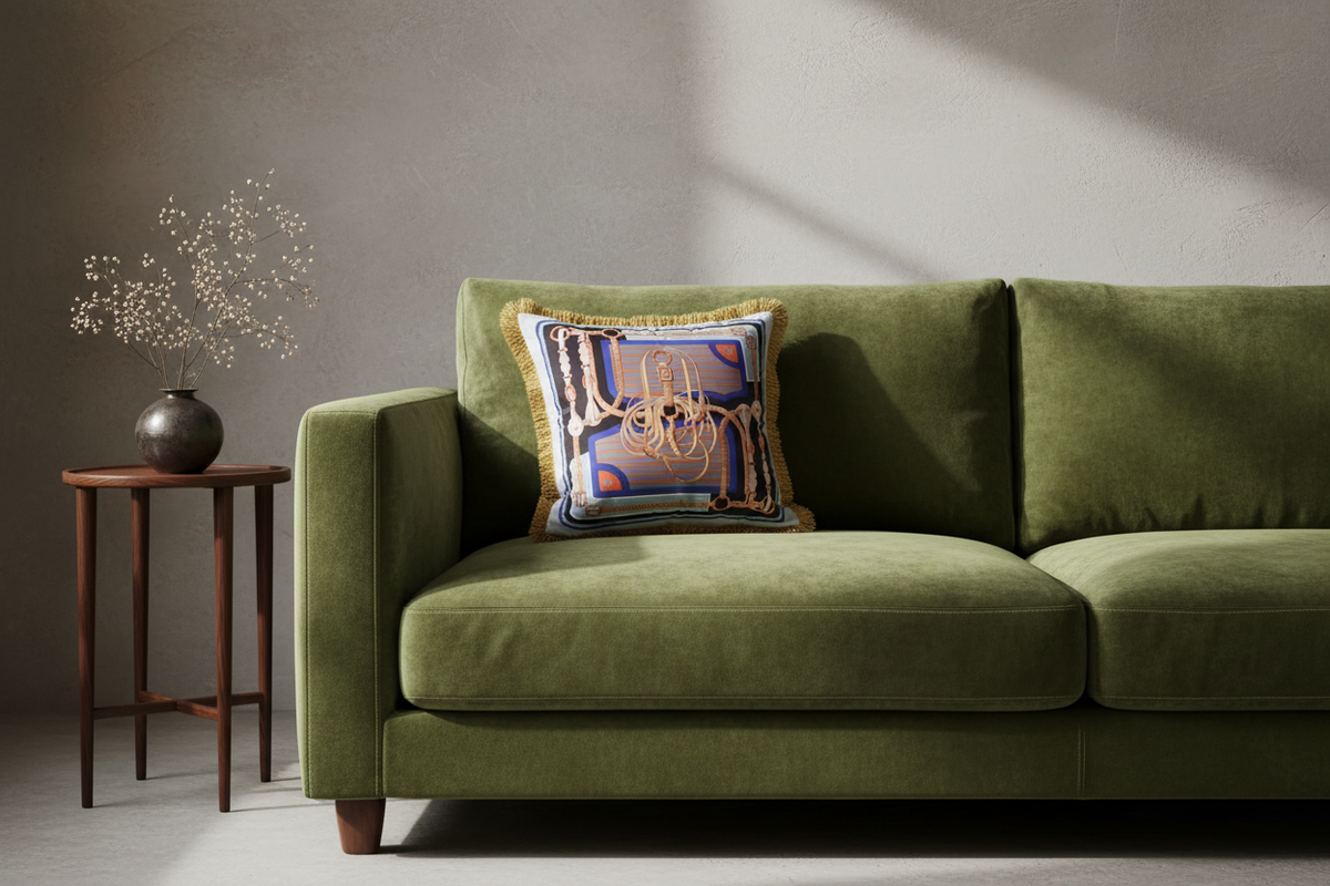 A brown leather armchair in a styled living room setting, featuring a decorative throw pillow with a gold chandelier design, a brass floor lamp, and a small side table with white flowers.