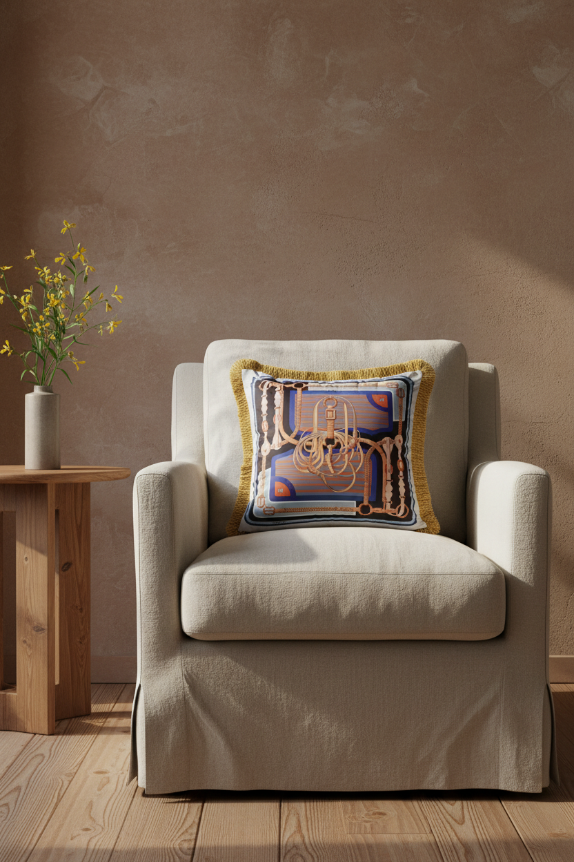 A brown leather armchair in a styled living room setting, featuring a decorative throw pillow with a gold chandelier design, a brass floor lamp, and a small side table with white flowers.