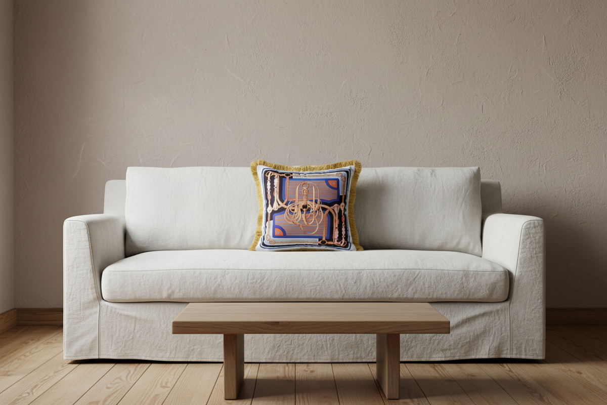A brown leather armchair in a styled living room setting, featuring a decorative throw pillow with a gold chandelier design, a brass floor lamp, and a small side table with white flowers.