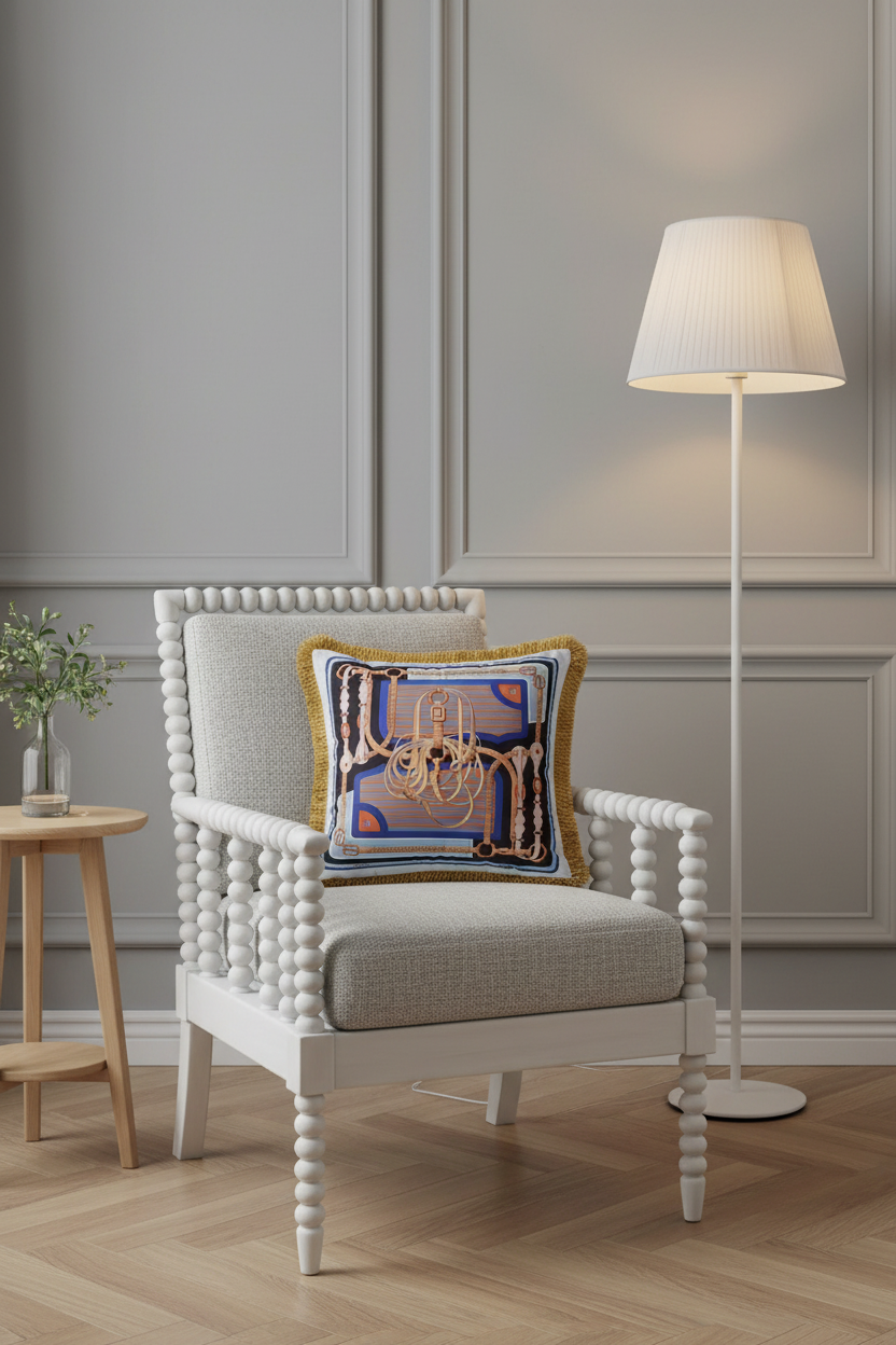 A brown leather armchair in a styled living room setting, featuring a decorative throw pillow with a gold chandelier design, a brass floor lamp, and a small side table with white flowers.