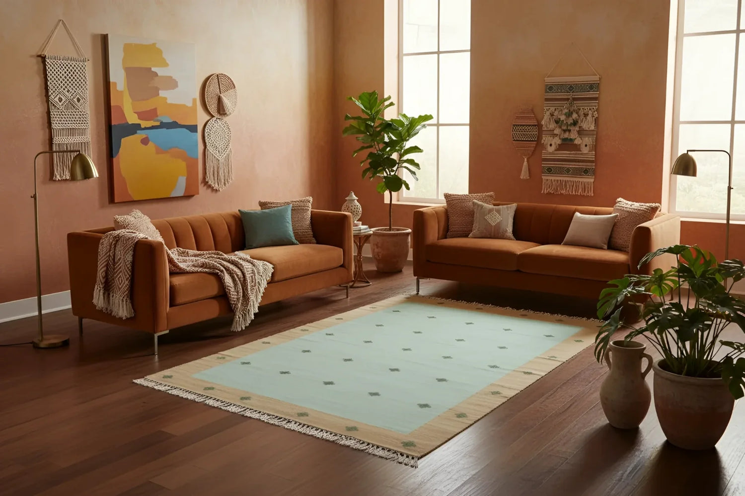 Natural Vegetable Dyed Indian Dhurrie Reversible Cotton Rug - Diamond Green