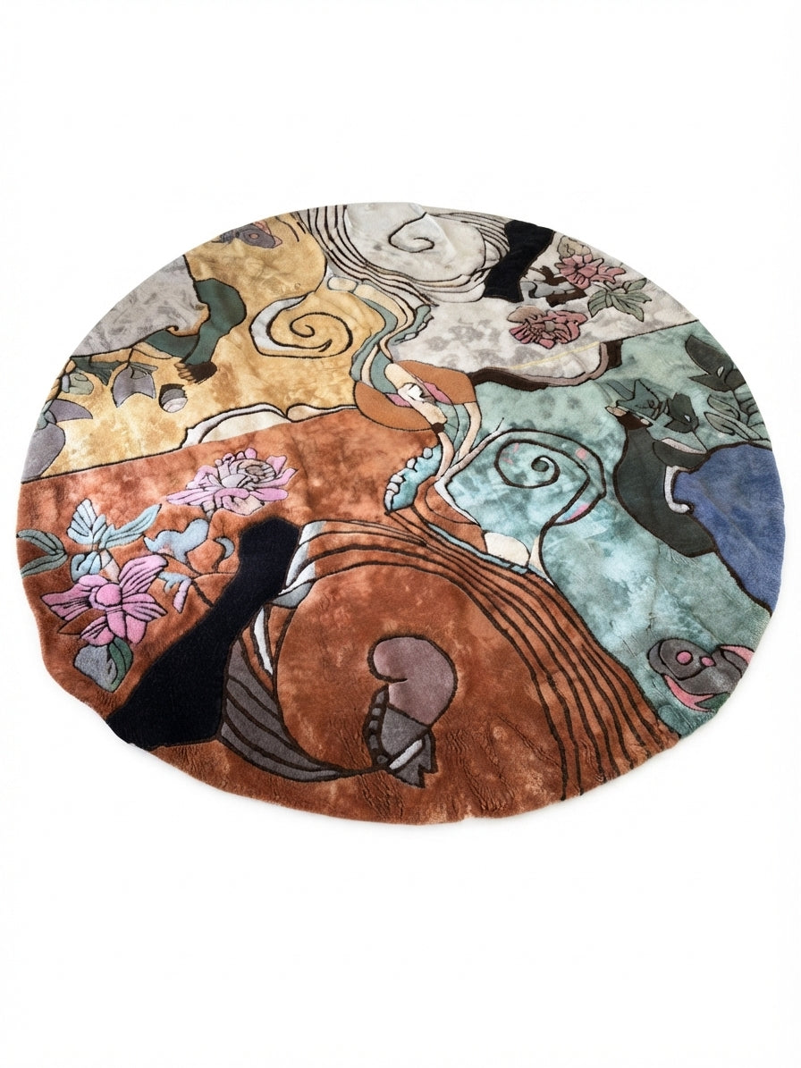 An oval area rug featuring a highly detailed, multicolored Art Nouveau illustration with swirling lines, floral motifs, and stylized figures in shades of brown, teal, pink, black, and gold.
