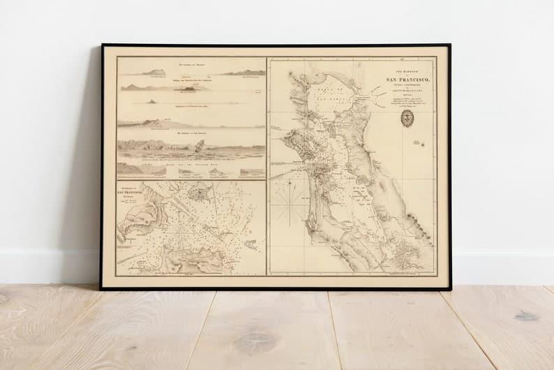 Nautical Chart of Gulf of Mexico 1793| Old Map Wall Decor Nautical Chart of San Francisco Bay 1833| Old Map Wall Decor 