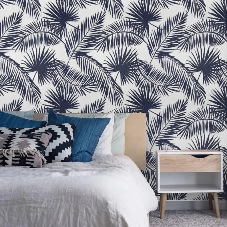 Navy Blue and White Tropical Oversized Palm Leaves Wallpaper