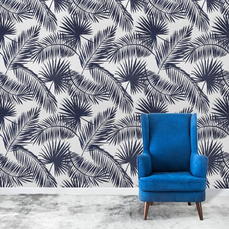 Navy Blue and White Tropical Oversized Palm Leaves Wallpaper Navy Blue and White Tropical Oversized Palm Leaves Wallpaper 