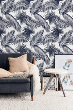 Navy Blue and White Tropical Oversized Palm Leaves Wallpaper