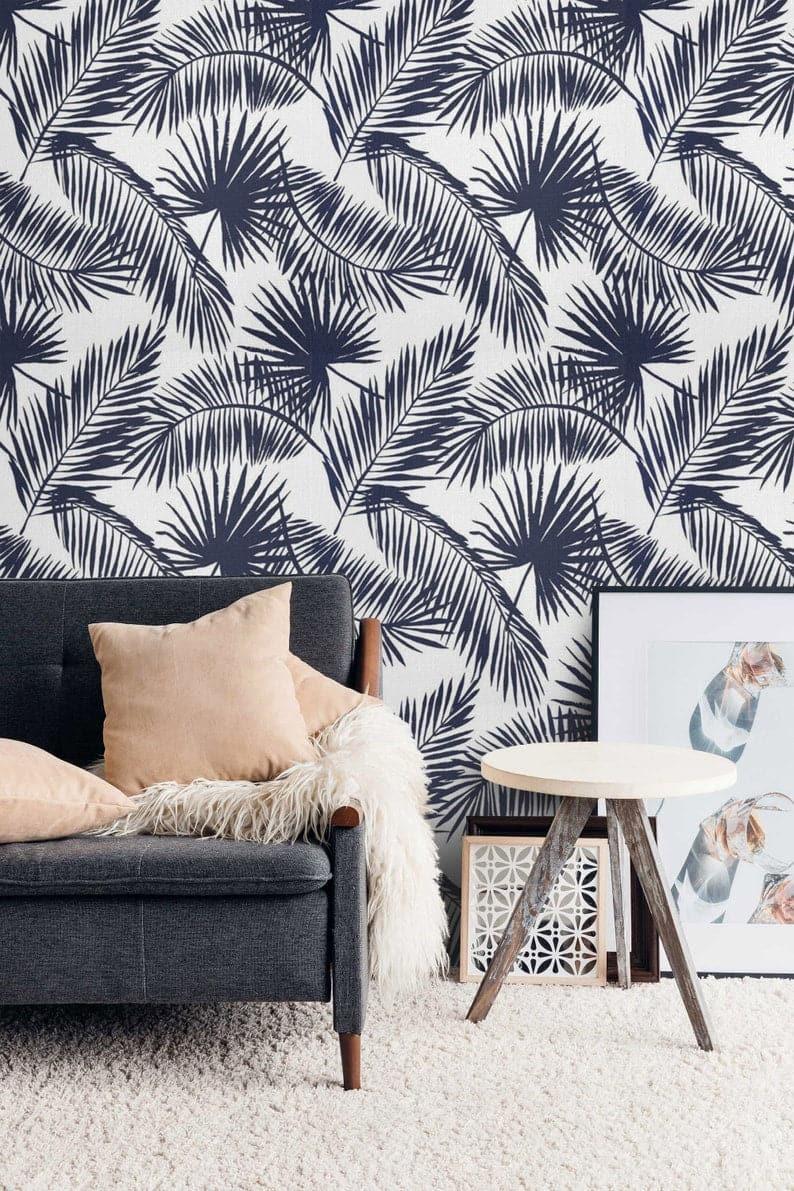 Navy Blue and White Tropical Oversized Palm Leaves Wallpaper Navy Blue and White Tropical Oversized Palm Leaves Wallpaper 
