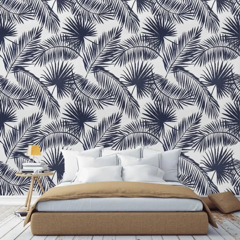 Navy Blue and White Tropical Oversized Palm Leaves Wallpaper