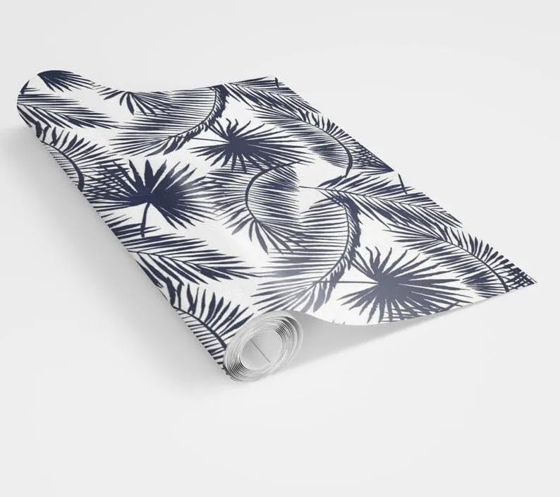 Navy Blue and White Tropical Oversized Palm Leaves Wallpaper