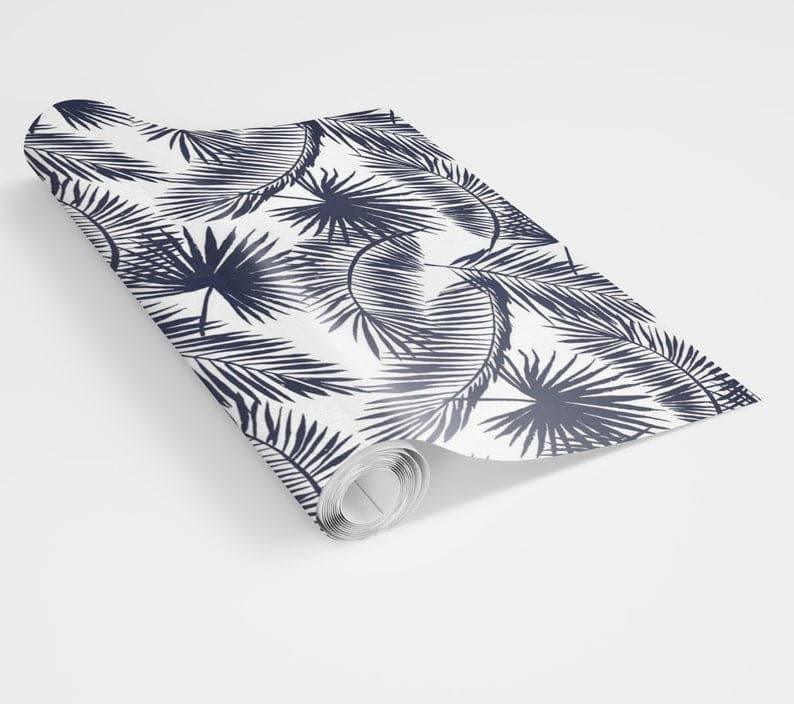 Navy Blue and White Tropical Oversized Palm Leaves Wallpaper 
