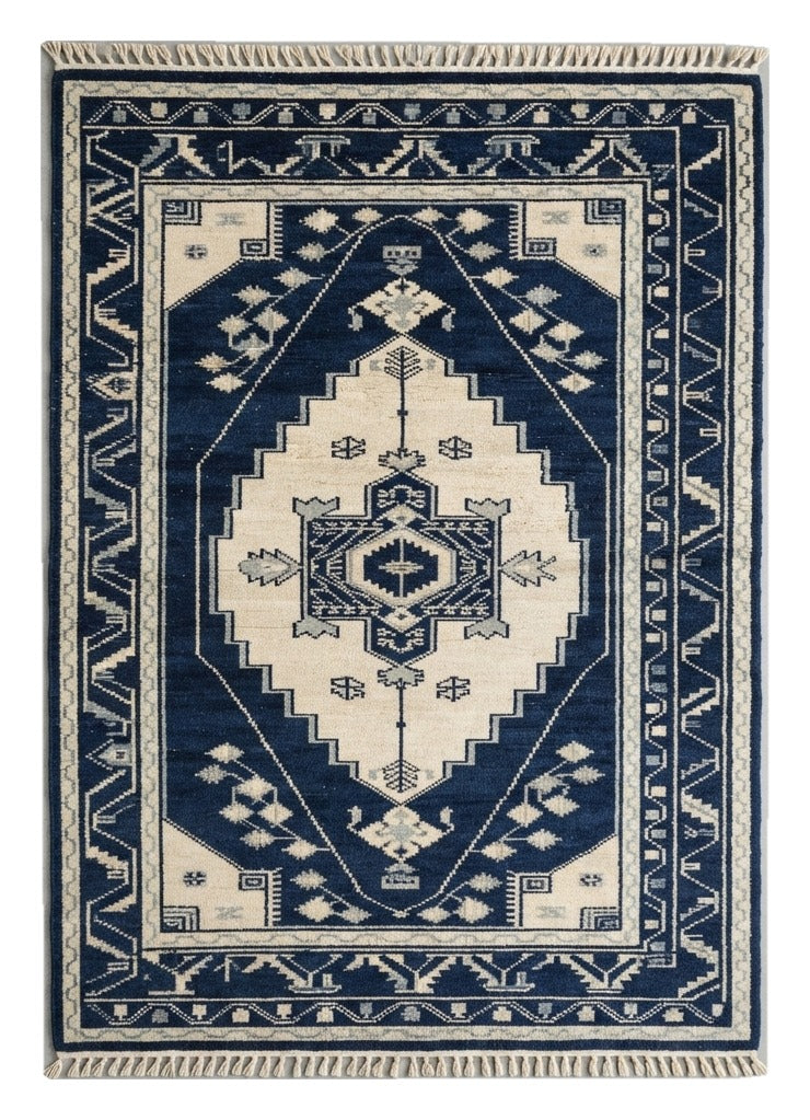 Navy Caucasian Crest Hand Knotted Rug shown flat on a white background