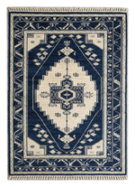 Navy Caucasian Crest Hand Knotted Rug shown flat on a white background