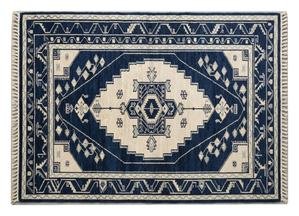 Navy Caucasian Crest Hand Knotted Rug — navy, cream, blue tribal rug by Maia Homes on a white background