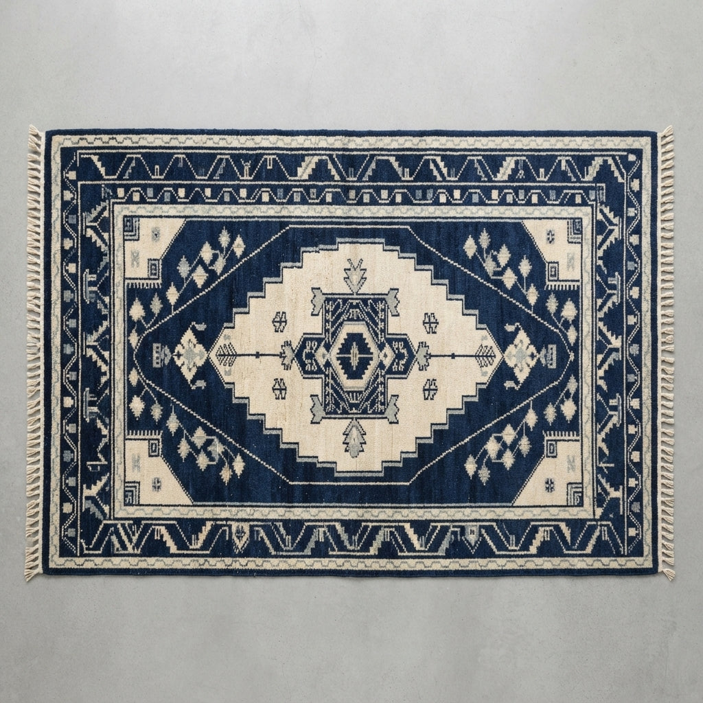 Navy Caucasian Crest Hand Knotted Rug — navy, cream, blue tribal rug by Maia Homes