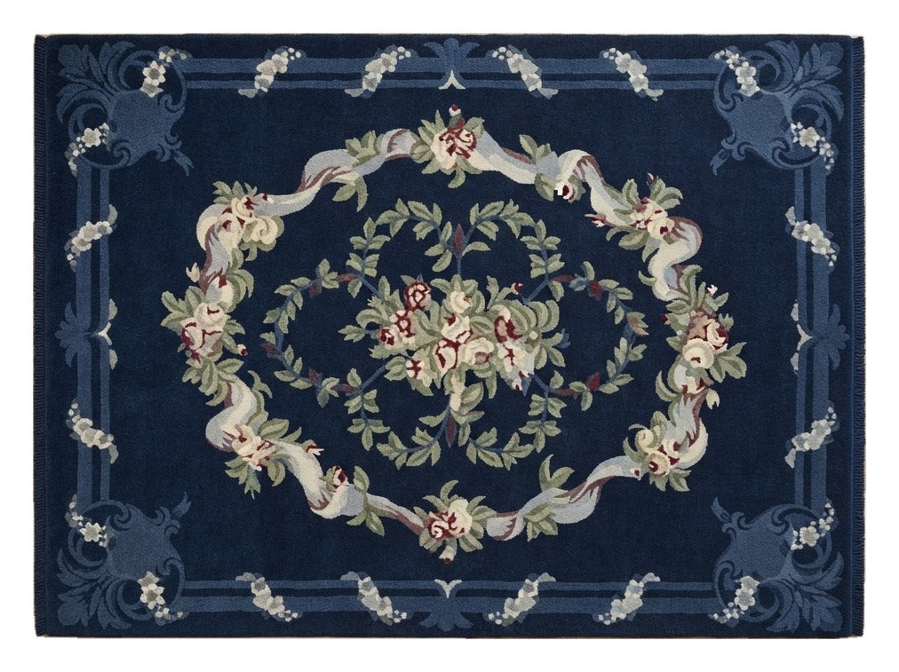 Navy Rose Garland Hand Knotted Rug shown flat on a white background