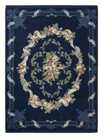 Navy Rose Garland Hand Knotted Rug — navy, cream, pink floral rug by Maia Homes on a white background