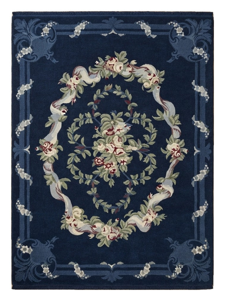 Navy Rose Garland Hand Knotted Rug — navy, cream, pink floral rug by Maia Homes on a white background