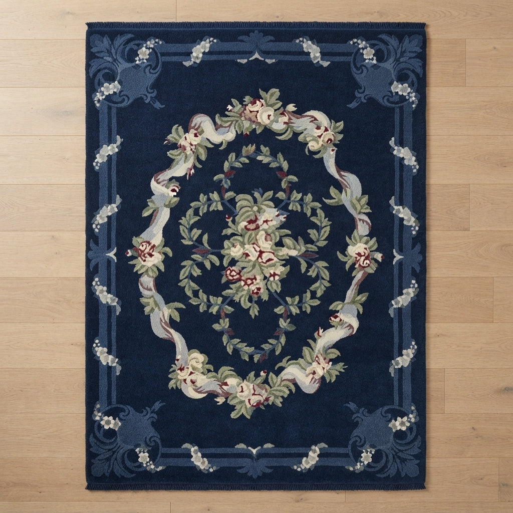 Navy Rose Garland Hand Knotted Rug — navy, cream, pink floral rug by Maia Homes