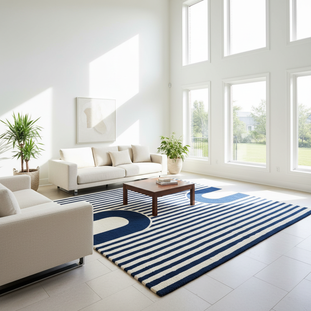 Modern living room with a blue and white striped rug, white sofa, and large windows.