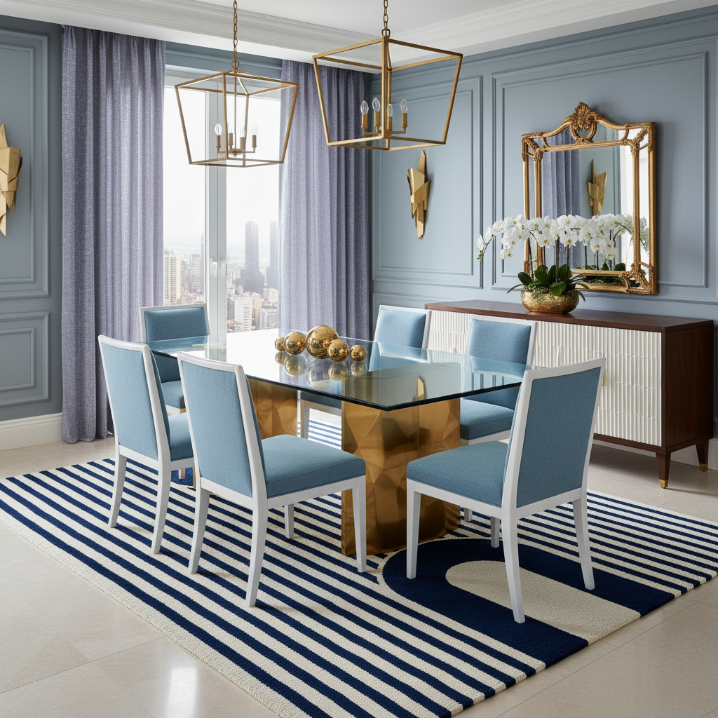 Dining room with blue chairs, glass table, and striped rug.