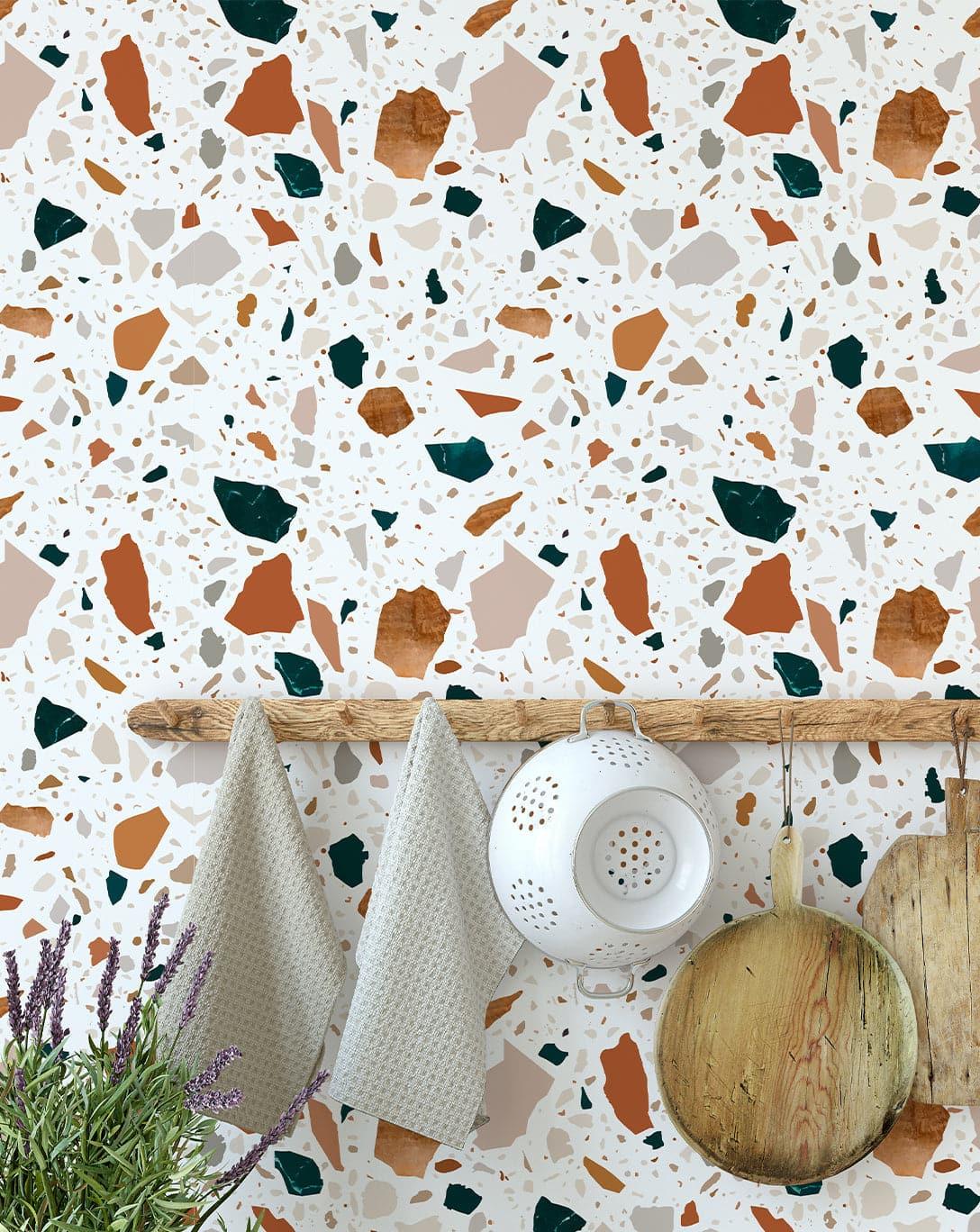 Neutral and Emerald Terrazzo Self Adhesive Wallpaper Neutral and Emerald Terrazzo Self Adhesive Wallpaper 