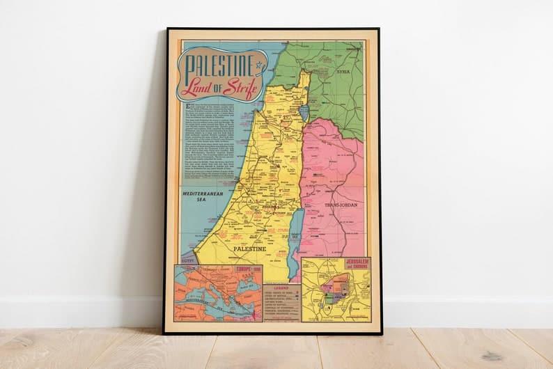 New Zealand Map Print| Art History| 1938 New Zealand Map Palestine Map Print| Art History| 1945 Palestine Map 