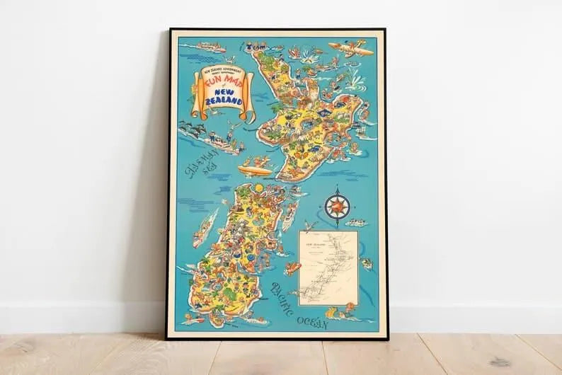 New Zealand Map Print| Art History| 1938 New Zealand Map