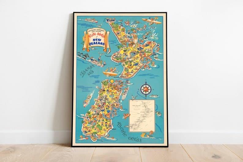New Zealand Map Print| Art History| 1938 New Zealand Map 