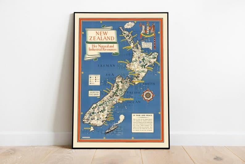 New Zealand Map Wall Print| Old Map 