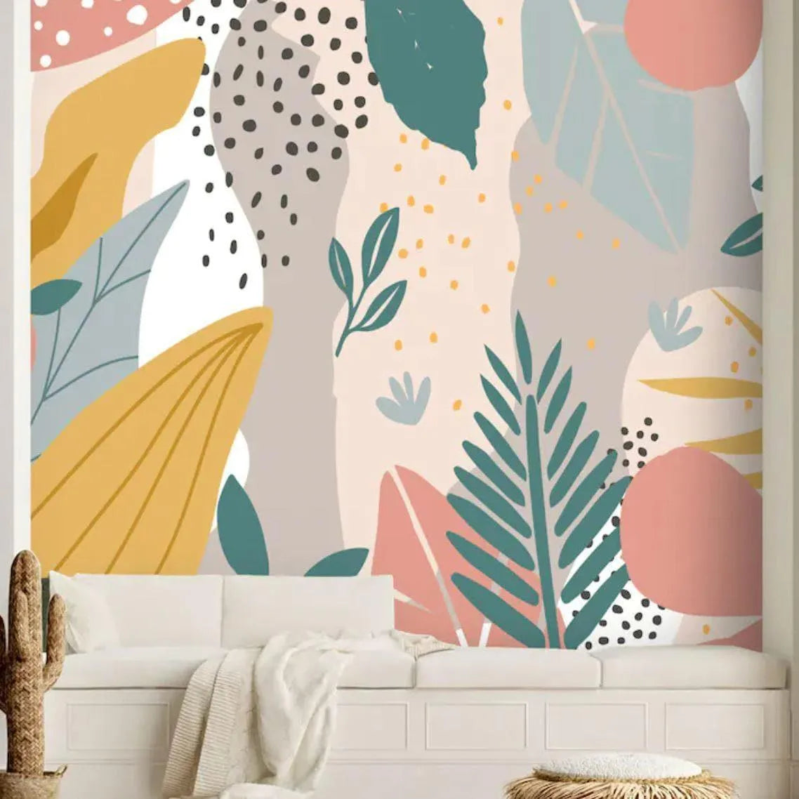 Modern Drawing Tropical Leaves Wall Mural