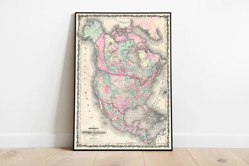 North America Map Wall Print| 1862 North America Map