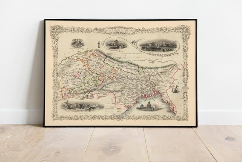 Northern India Map Poster| Vintage Map India 