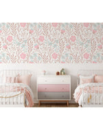 Nursery Flowers Botanical Pink Blue Floral Wallpaper