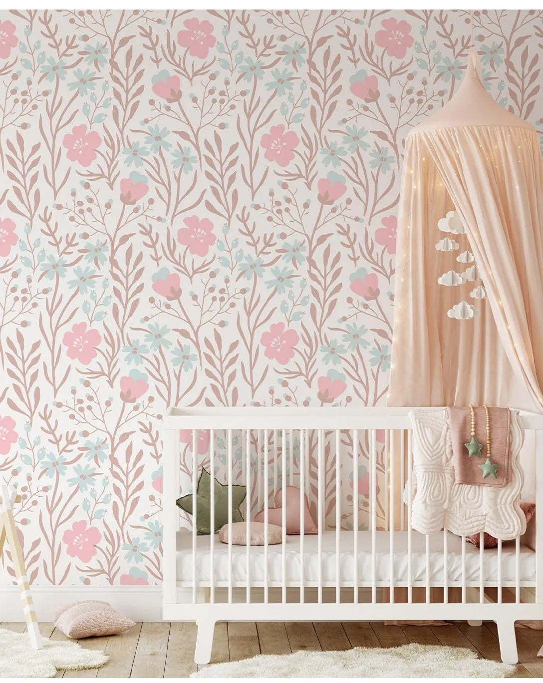 Nursery Flowers Botanical Pink Blue Floral Wallpaper