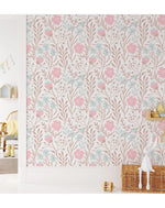 Nursery Flowers Botanical Pink Blue Floral Wallpaper