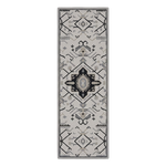 A rectangular area rug with a geometric tribal pattern in black, gray shown flat against a gray background.