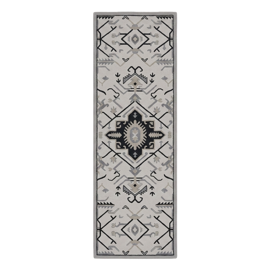 A rectangular area rug with a geometric tribal pattern in black, gray shown flat against a gray background.