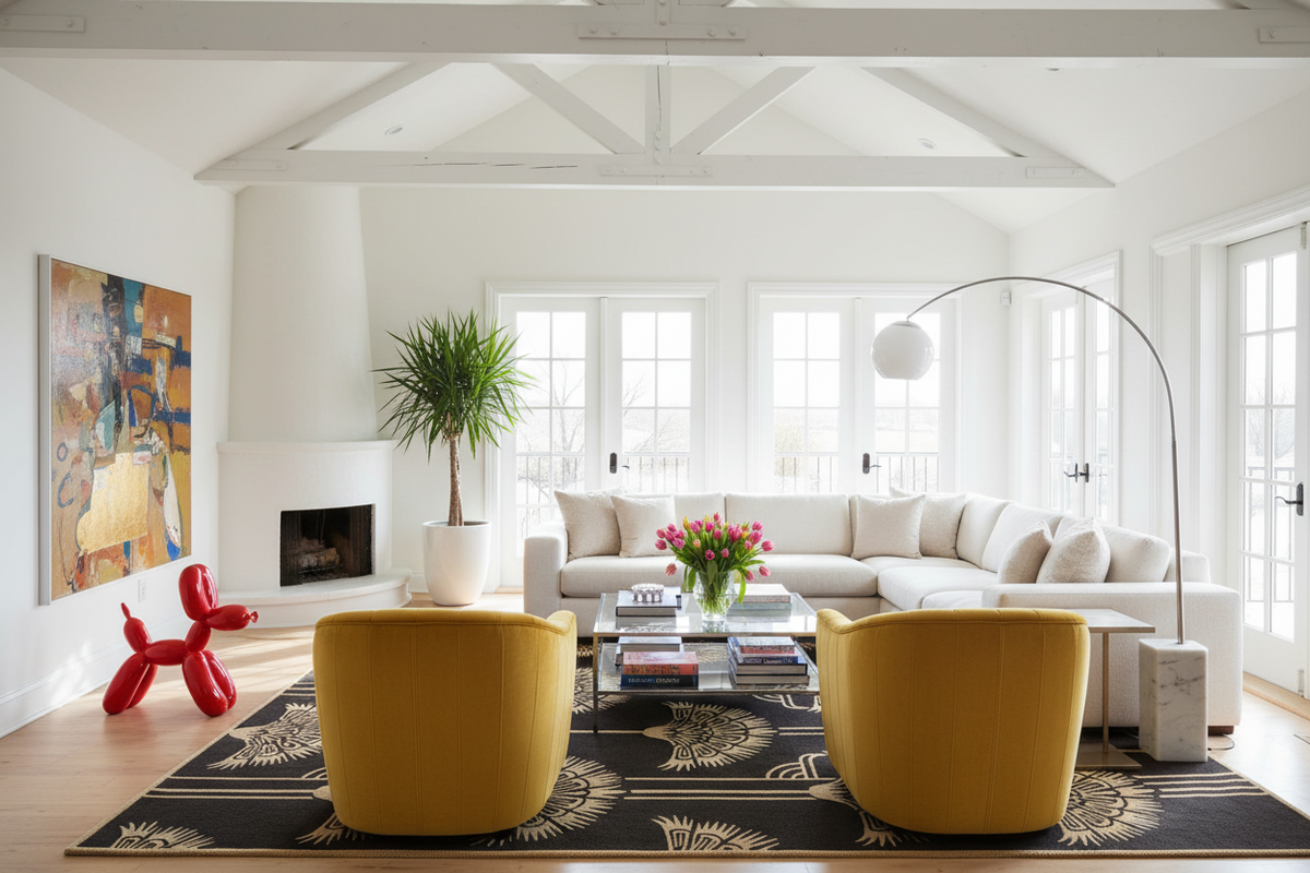 Modern living room with brown fan rug, yellow chairs, white sofa, and decorative elements.