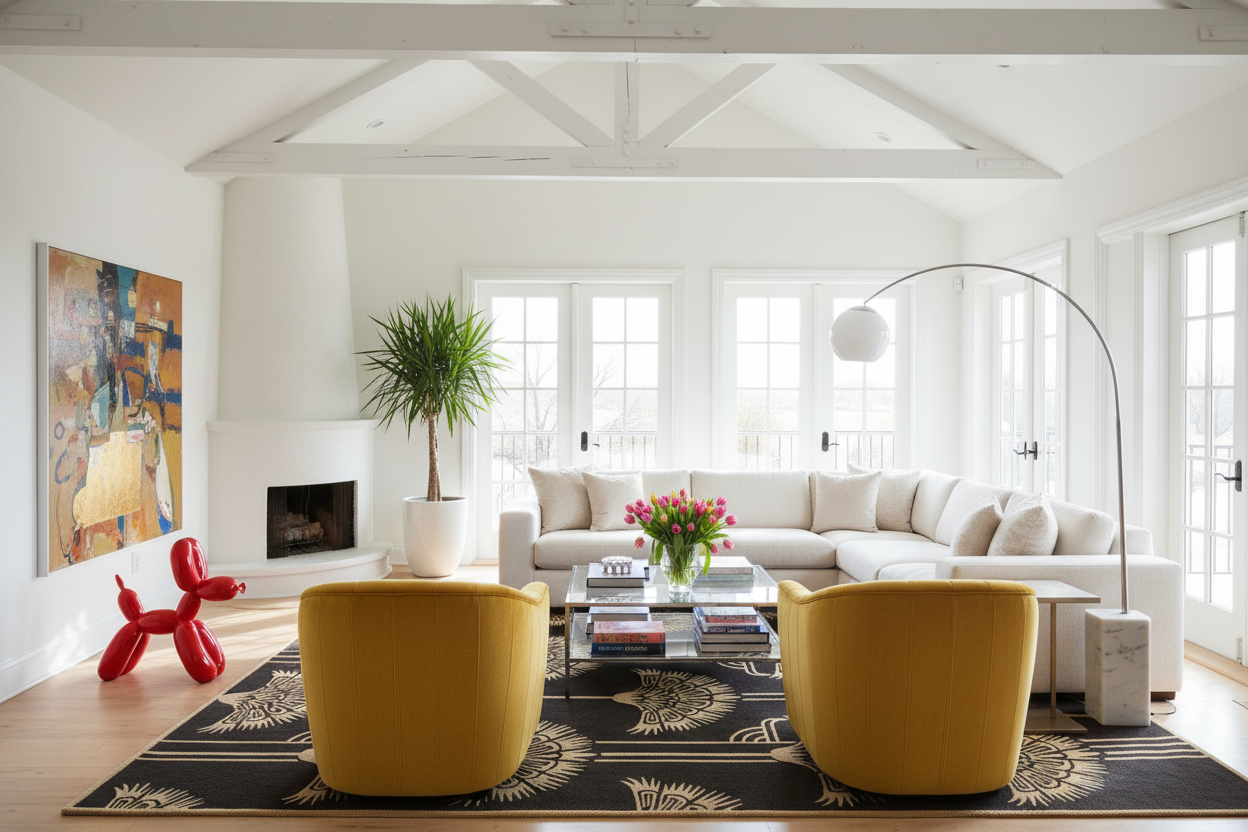 Modern living room with brown fan rug, yellow chairs, white sofa, and decorative elements.